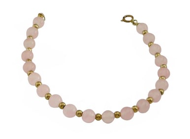 14K YELLOW GOLD ROSE QUARTZ BEAD BRACELET 7 IN.  DETAILS:   - LENGTH: 7 Inches.  - BEAD SIZE: 6mm.