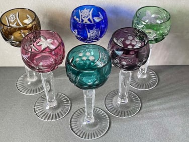 6 BOHEMIAN RAISED SHOT GLASS TUMBLERS CUT CRYSTAL (Set of Six) AMETHYST PURPLE, CRANBERRY,COBALT