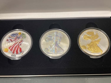 2004 WASHINGTON MINT 24KT GOLD LAYERED, HOLOGRAM & COLORED US SILVER EAGLE COLLECTION, 3 COIN SET