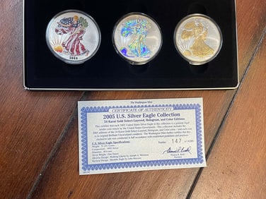 2005 WASHINGTON MINT 24KT GOLD LAYERED, HOLOGRAM & COLORED US SILVER EAGLE COLLECTION, 3 COIN SET