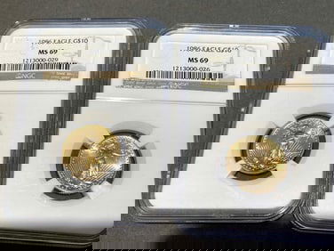 TWO (2) 1986 $10 DOLLAR GOLD EAGLE NGC MS69 GRADED COIN (MCMLXXXVI)   The American Gold Eagle is an