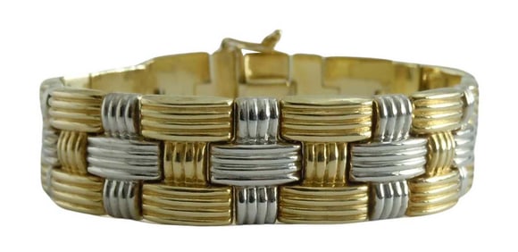 TWO TONE 14K GOLD WIDE LINK BASKET WEAVE BRACELET   MARKED, '14K', WITH FINE COLOR AND HIGH RELIEF