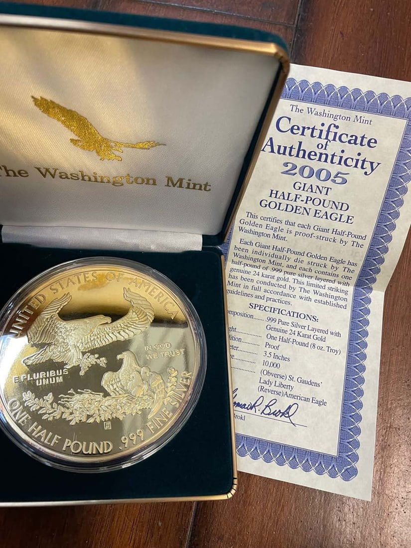 2005 GIANT HALF POUND GOLDEN EAGLE 24 KARAT GOLD OVER .999 SILVER 8Toz, w/ WASHINGTON MINT COA (1 of 5)