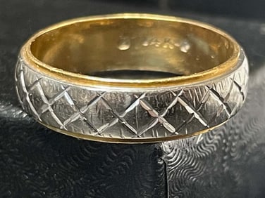 TWO TONE 14K GOLD 6MM CROSSHATCH WEDDING BAND RING SIZE 9.25, 5.9 GRAMS     Other Notes: Kotler's
