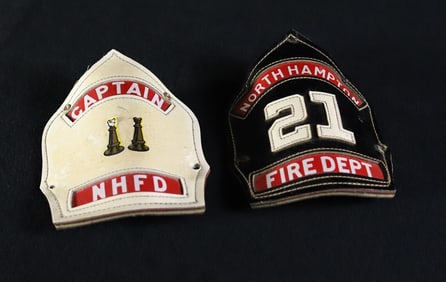 CAIRNS & BRO LEATHER FIREMAN HELMET BADGES NORTH HAMPTONS FIRE DEPT CAPTAIN NHFD   Two early CAIRNS