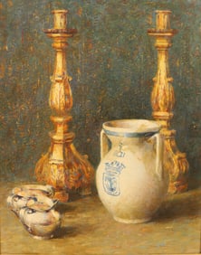 DINES CARLSEN OIL PAINTING FLORTINE CANDLESTICKS VASE   Dines Carlsen   American, 1901 - 1966