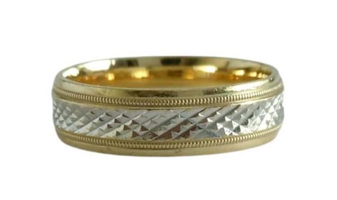 TWO TONE 10K GOLD 6MM DIAMOND CUT & MILGRAIN EDGE WEDDING BAND RING SIZE 9, 4.9 GRAMS     Other