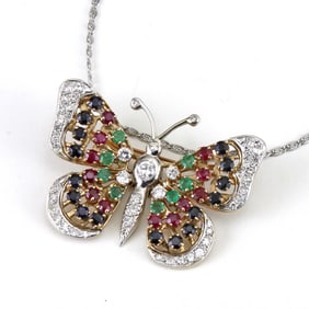 14Kt GOLD DIAMOND, SAPPHIRE, RUBY, EMERALD BUTTERFLY PENDANT NECKLACE   Retailed by: Franklin Simon