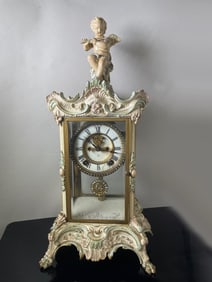 FLUTE PLAYING CHERUB ANSONIA CHIMING MANTLE CLOCK CA. 1900     Signed white enamel open escapement