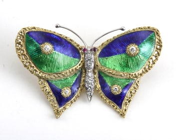 18KT GOLD DIAMOND, RUBY, AND ENAMEL BUTTERFLY BROOCH    18kt yellow & white gold Diamond, Ruby, and