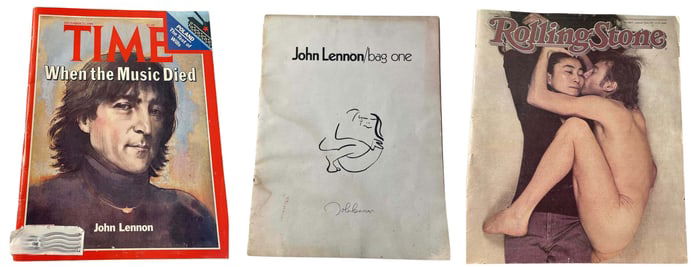 JOHN LENNON (BEATLES) BAG ONE NORDLESS GALLERIES ART PROGRAM 1970, ROLLING STONE, TIME MAGAZINE