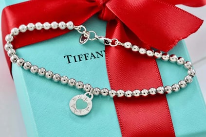 RETURN To TIFFANY & Co. SILVER BLUE ENAMEL HEART ROUND TAG BEADED BRACELET   Hallmarked, '(c)