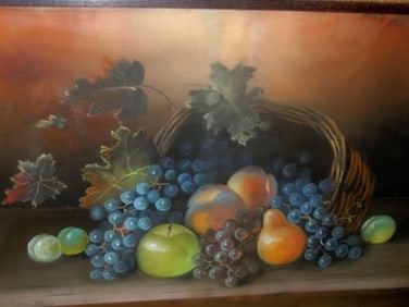 WILLIAM HENRY CHANDLER PASTEL STILL LIFE FRUIT w WICKER   William Henry Chandler   American,
