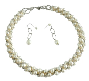 SILVER FRESH WATER PEARL CHOKER NECKLACE EARRINGS SET   Stunning Sterling Silver Bead Work Adorned