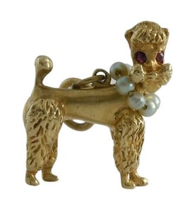 POLISHED AND FUR FINISH 14K GOLD FRENCH POODLE w/ MOVING SEED PEARL COLLAR RUBY EYES 10 Gr.   Circa