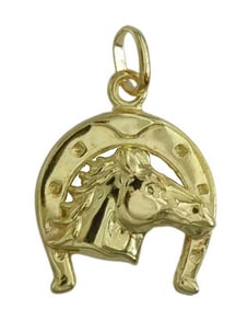 18K YELLOW GOLD LUCKY HORSESHOE w/ HORSE PENDANT CHARM marked ''750'', with fine high relief