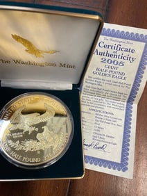 2005 GIANT HALF POUND GOLDEN EAGLE 24 KARAT GOLD OVER .999 SILVER 8Toz, w/ WASHINGTON MINT COA