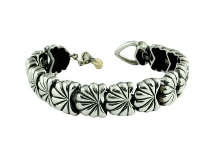 STERLING SILVER 14KT YELLOW GOLD TOGGLE BRACELET SCALLOP SHELL LINK SIGNED RDB    A Stunning RBD