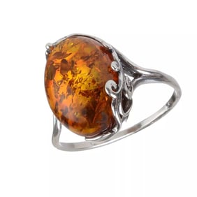 GIA CERTIFIED STERLING SILVER 925 & NATURAL AMBER RING Crafted in sterling silver with an art