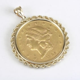 1893-S $20 GOLD (REGULAR STRIKE) SERIES LIBERTY HEAD w HEAVY 14KT BEZEL   COIN DETAILS:   - 1893-S