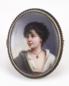 Early 20th Cent. CONTINENTAL SCHOOL HAND PAINTED PORCELAIN FEMALE PORTRAIT BROOCH   Depicting a