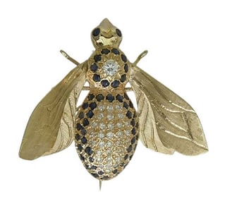 VINTAGE 14K YELLOW GOLD DIAMOND & SAPPHIRE QUEEN BEE BROOCH, SATIN & POLISHED FINISH   Vintage 14K