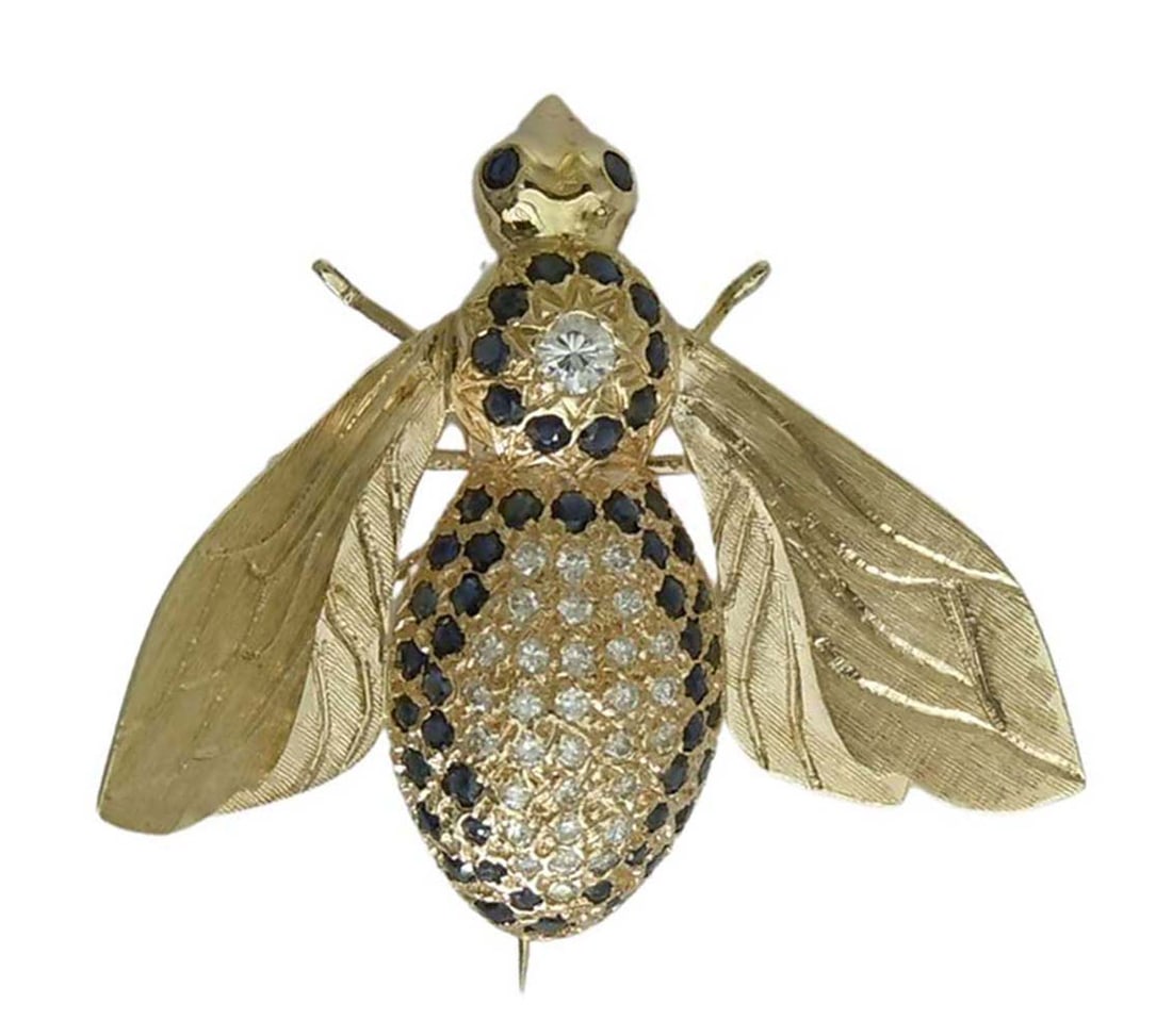 VINTAGE 14K YELLOW GOLD DIAMOND & SAPPHIRE QUEEN BEE BROOCH, SATIN & POLISHED FINISH   Vintage 14K (1 of 5)