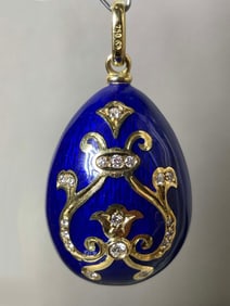 18K GOLD & DIAMOND BLUE GUILLOCHE ENAMEL FABERGE EGG RUSSIAN STYLE PENDANT   After Carl Faberge,