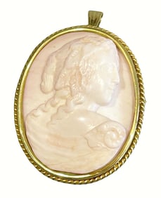 18K GOLD PINK CORAL FEMALE BUST CAMEO PENDANT BROOCH    Centered with a ravishing high relief