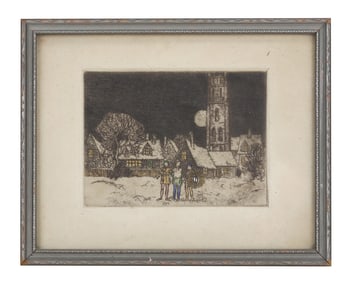 COLOR ENGRAVING WINTER LANDSCAPE CHILDREN SINGING PLAYING VIOLIN MOONLIGHT SKY Late 19th or