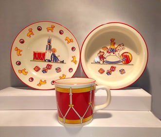 3pc MASONS IRONSTONE TIFFANY TOYS DISH SET BOWL, SAUCER, CUP MUG SET    DETAILS:  - CUP SIZE: 3 In.