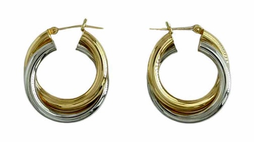CROSSOVER TWIST TWO TONE 14K YELLOW AND WHITE GOLD MODERN HOOP EARRINGS   Marked ''14K'' comes in a