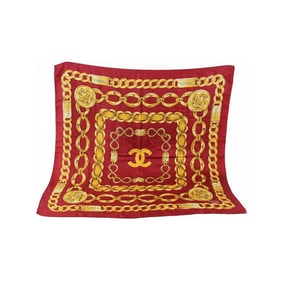 CHANEL SILK SCARF RED / BURGUNDY GOLD CHAIN LINKS     Vintage Chanel Silk Scarf, Red/Burgundy and
