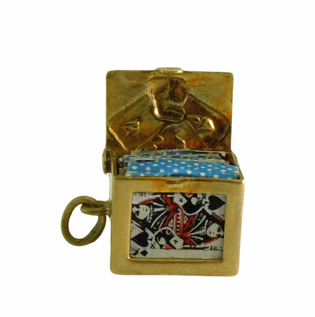 VINTAGE 14K GOLD HINGED PLAYING CARDS CAGE PENDANT CHARM WITH MINI DECK OF GAMBLING CARDS   Marked (1 of 8)