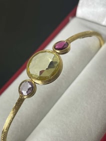 18K ITALIAN GOLD AMETHYST PERIDOT GARNET BANGLE BRACELET 750 ITALY Marked, ''750 MADE IN