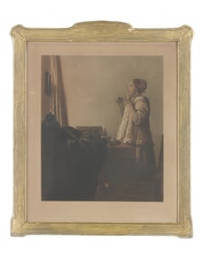 AFTER JOHANNES VERMEER (1632- 1675) DUTCH ''WOMAN WITH A PEARL NECKLACE'' COLORED AQUATINT   After