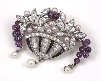 IMPORTANT FINE & RARE Ca. 1925 ART DECO CARTIER, DIAMOND, AMETHYST, ONYX PLATINUM FLORAL BROOCH