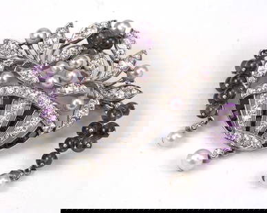 IMPORTANT FINE & RARE Ca. 1925 ART DECO CARTIER, DIAMOND, AMETHYST, ONYX PLATINUM FLORAL BROOCH: IMPORTANT FINE & RARE Ca. 1925 ART DECO CARTIER, DIAMOND, AMETHYST, ONYX PLATINUM FLORAL BROOCHDecorated as a floral brooch consisting of: diamonds of G-H-I color and VS2 clarity. (European cut & Sing