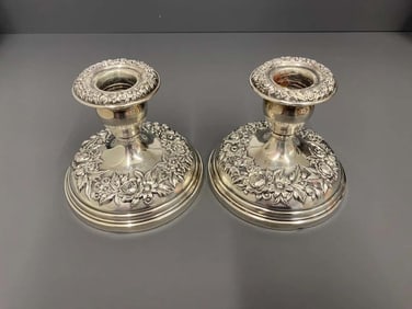 PAIR OF KIRK & SON STERLING SILVER FLORAL REPOUSSE CANDLESTICK HOLDERS CANDLE STICKS   A stunning