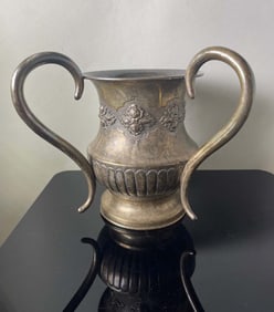 STERLING SILVER HAND WASHING CUP TWO HANDLE NETILAT YADAYIM NATLA JEWISH JUDAICA, FLORAL CHASED &