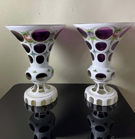 Pair Of BOHEMIAN GLASS VASES AMETHYST CUT To CLEAR CASED In WHITE, 20C Pair of early 20th