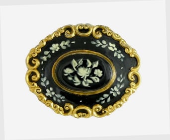 19c VICTORIAN FLORAL ENAMEL PENDANT BROOCH w 1845 and 1850 BIRTH DEDICATION, GOLD PLATED SILVER