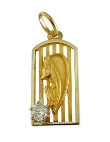 18K GOLD VIRGIN MARY SILHOUETTE DIAMOND SOLITAIRE PENDANT   A Stunning Open Work 18k Gold Virgin