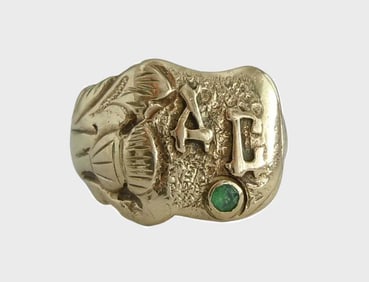 CHUNKY 10K GOLD EMERALD PINKY RING Poss. AL CAPONE HIGH RELIEF BAMBOO AC LETTERS An Outstanding