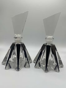 KARL PALDA Style Pr TRIANGULAR GEOMETRIC CZECH ART DECO BLACK ENAMEL CRYSTAL PERFUME BOTTLES,