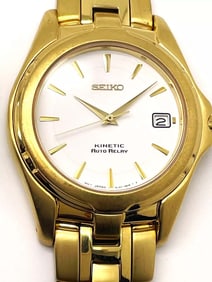 MENS GOLD TONE STAINLESS SEIKO KINETIC AUTO RELAY 5J22-0B59 CALENDAR STATEMENT WATCH Vintage Mens
