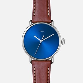 SHINOLA 43MM MENS CANFIELD BOLT WATCH S0120052929 COBALT BLUE DIAL W/ TAN LEATHER STRAP STATEMENT