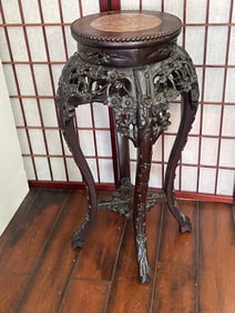 A 19th c CHINESE QING Dyn. CARVED HARDWOOD MARBLE TOP PLANT STAND The top inset with marble, the