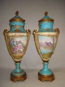 Pr FRENCH SEVRES STYLE PORCELAIN VASES IN CELESTE BLUE   An impressive large pair of Sevres style