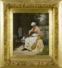 LUTHER EMERSON VAN GORDER 1889 OIL PAINTING VICTORIAN GIRL MAKING MORNING OMELET WITH ONLOOKING CAT
